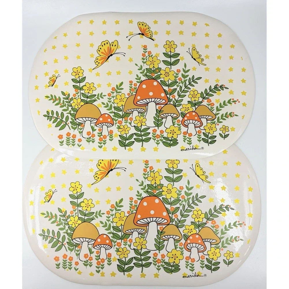 Vintage Marika Vinyl Foam Placemats 2 Pc Mushroom Butterfly Orange Yellow 18x12